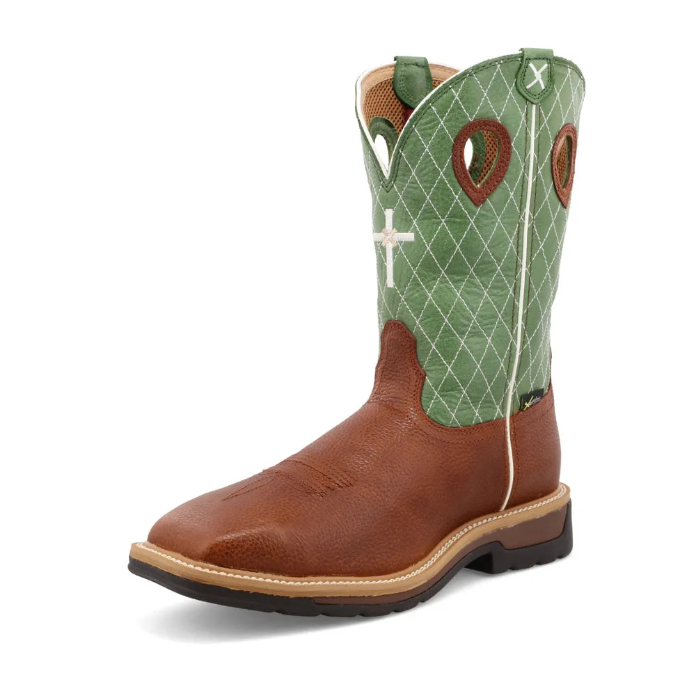 Twisted X 12″ Western Work Boot Cognac Glazed Pebble / Lime